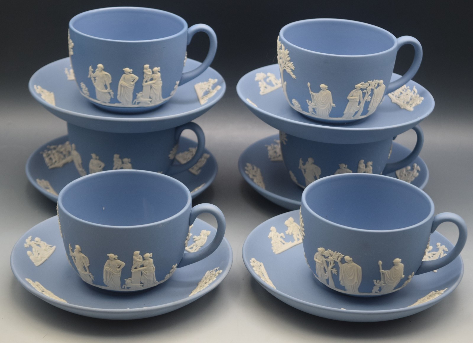 6 SETS WEDGWOOD BLUE JASPERWARE CUPS AND SAUCERS NEOCLASSICAL MYTHOLOGY