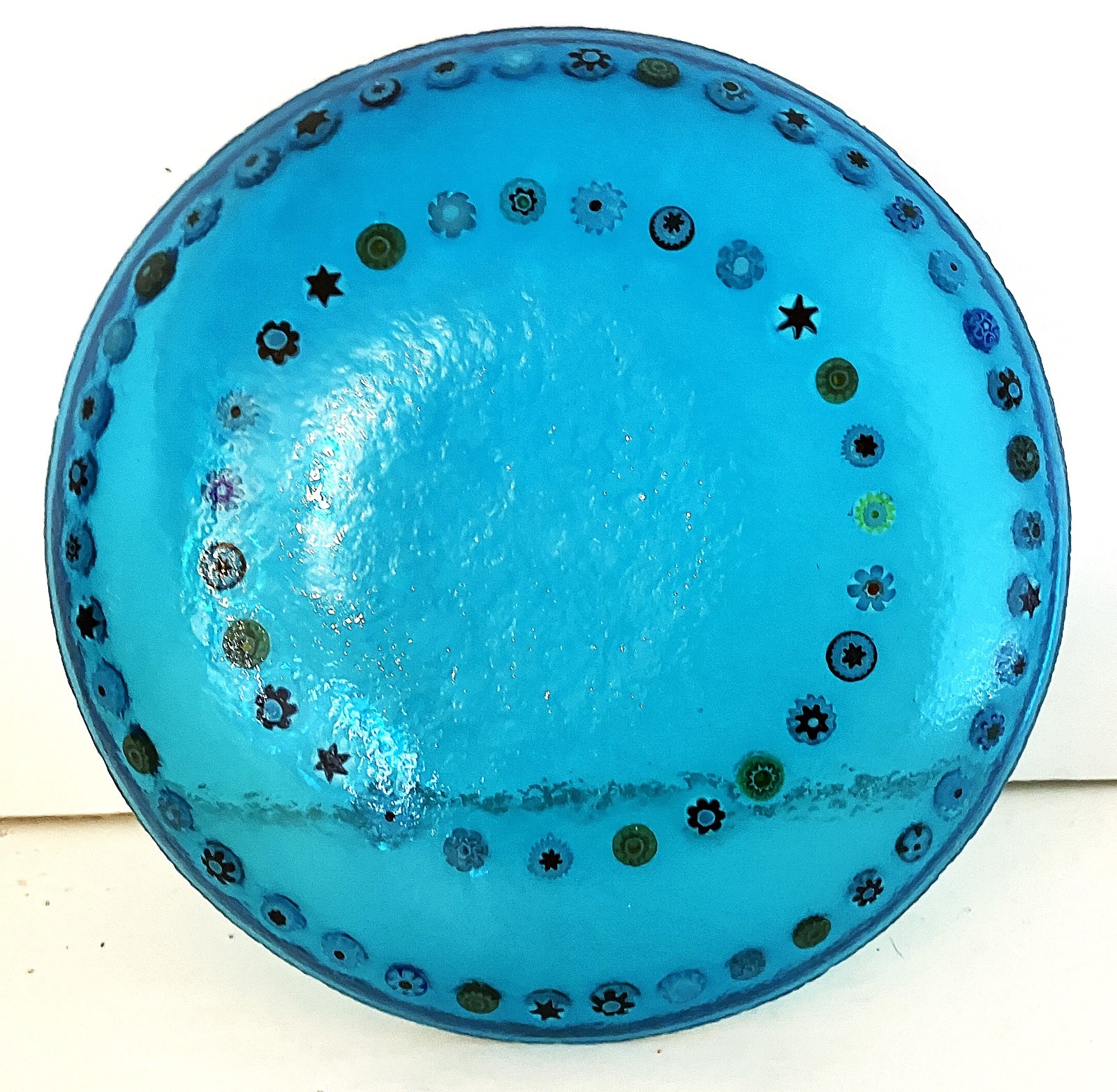 Murano Art Glass Millefiori Serving Plate Blue w/Multi Color Flowers 7.25″ diam