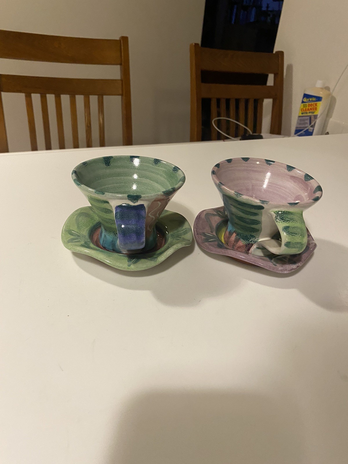 McKenzie Child Inspired Studio Pottery Cups & Saucers Handmade Signed Set Of 2