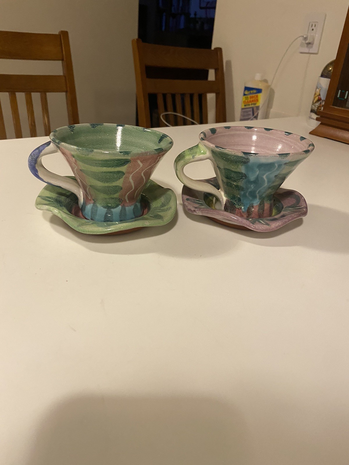 McKenzie Child Inspired Studio Pottery Cups & Saucers Handmade Signed Set Of 2