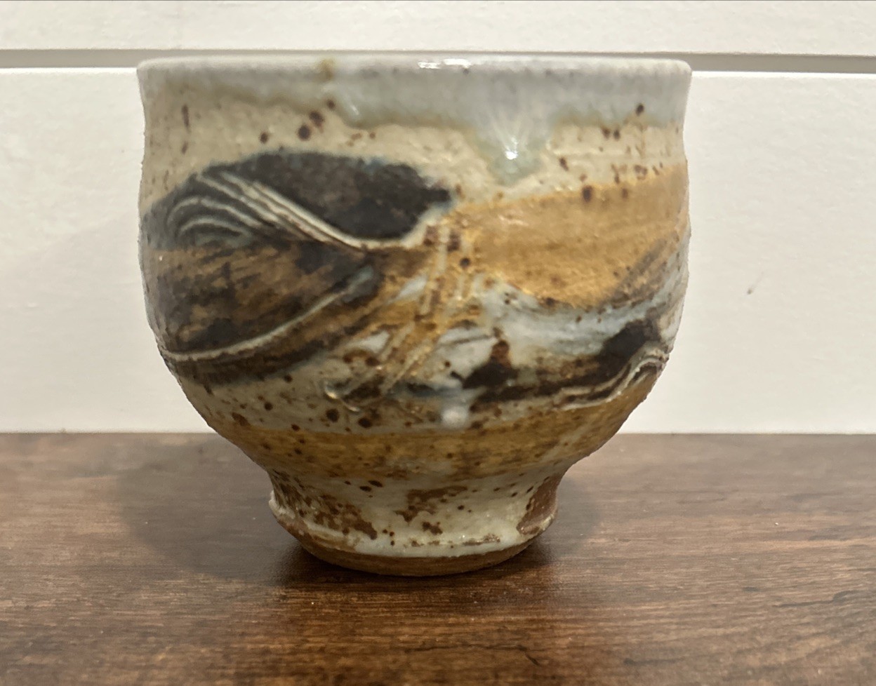 Pottery Tea Tea Bowl/Cup Signed Etched Abstract Blue, Gray, Brown, Tan