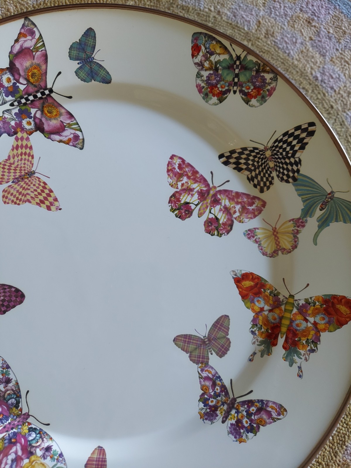 Mackenzie-Childs Butterfly Garden Pedestal Platter With Courtly Check