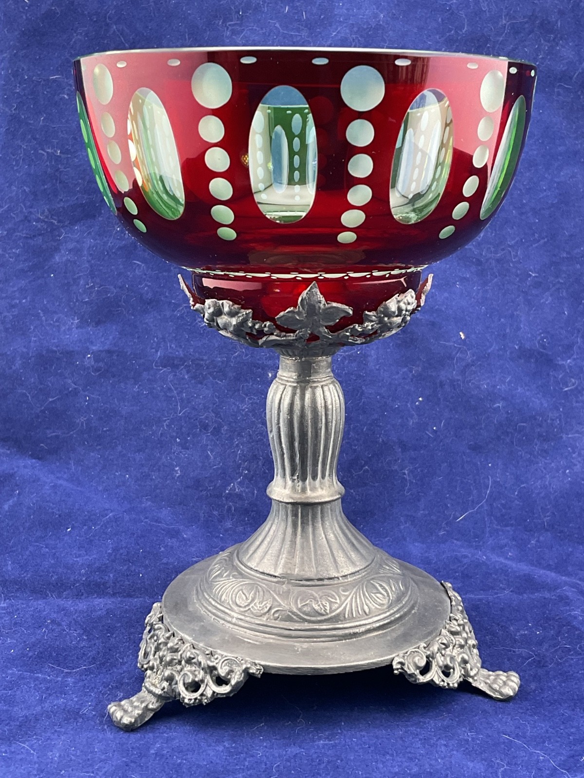 uranium vaseline glass Egermann hand cut and engraved bowl on pewter base