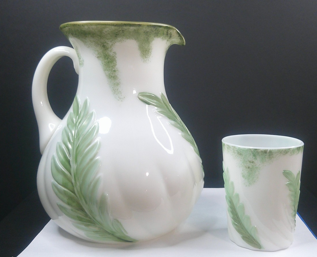 Single Leaf Swirl, Bonita Glass Co, Pitcher & Tumbler, EAPG, c1899, USA, ExCd
