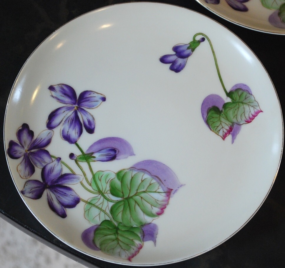 Vtg Set 6 PLATES Tashiro Shoten Japan HANDPAINTED PURPLE VIOLETS Gold Rims 7.5″