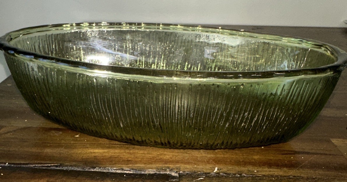 VTG FTD Avocado Green Glass Relish Dish Oval Serving Bowl Textured
