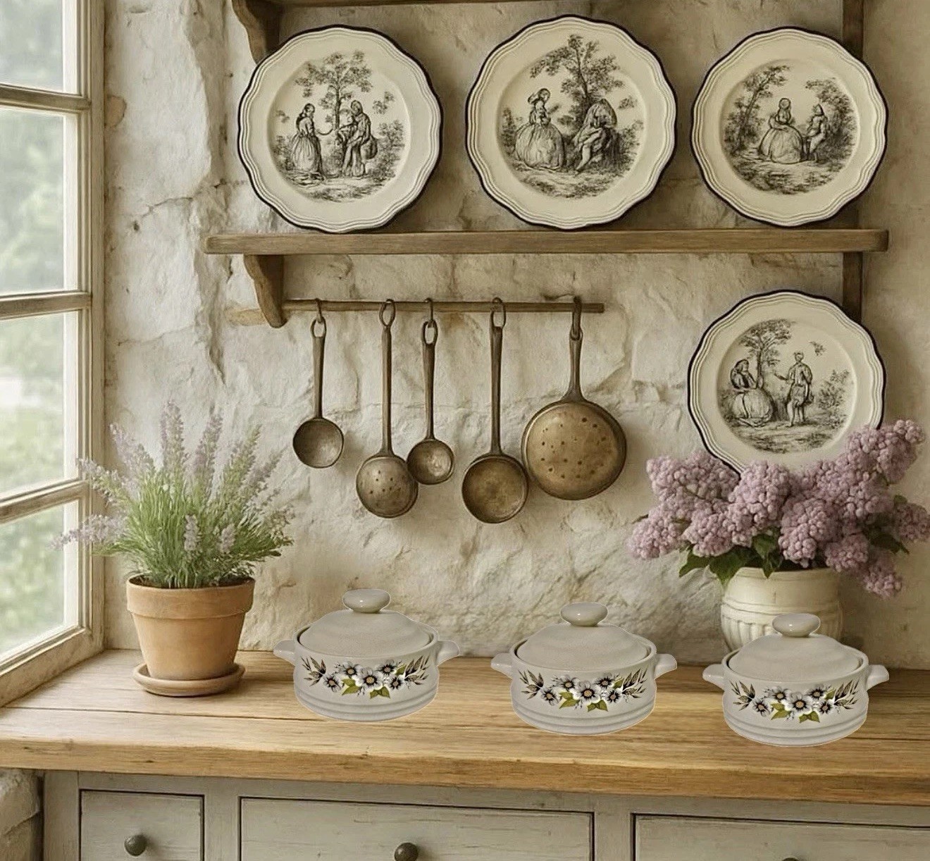 Set of 3 French Country Bakeware Stoneware Individual Covered Casserole Crock