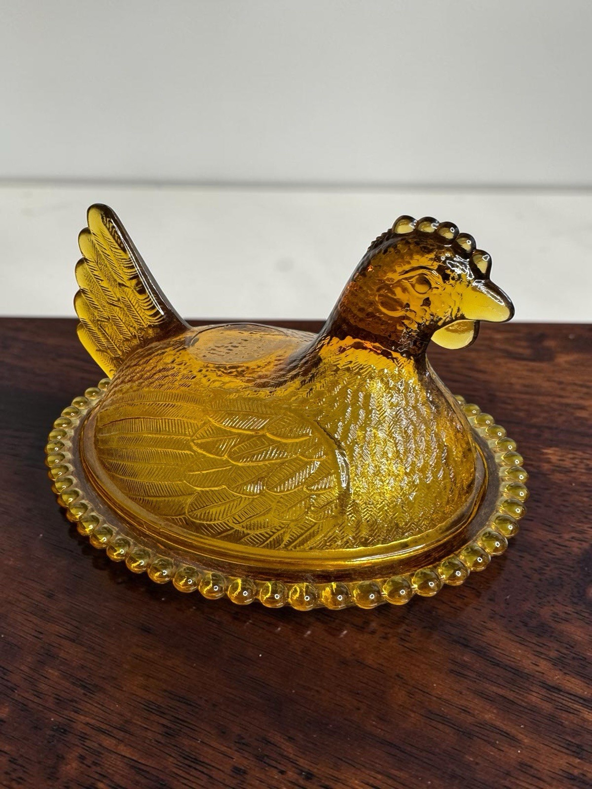 Vintage Indiana Glass Amber Hen on Nest – Beaded Edge Candy Dish MCM Granny Core