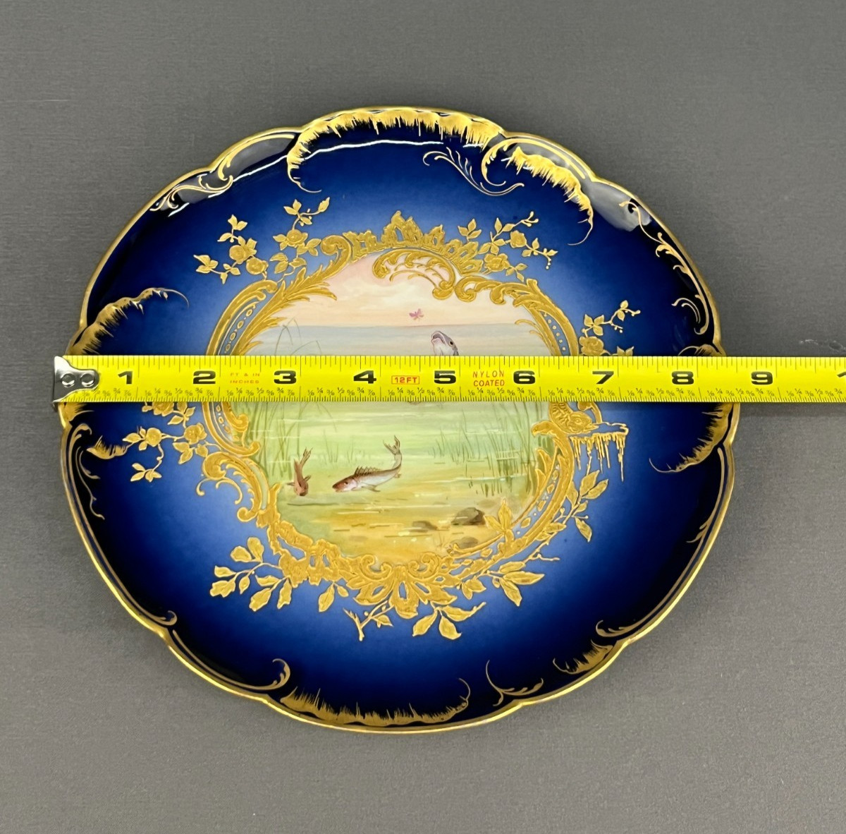 5 Haviland & Co. Hand-Painted 8 ½” Bleu de Four Gilt Fish Plates c. 1876-1899