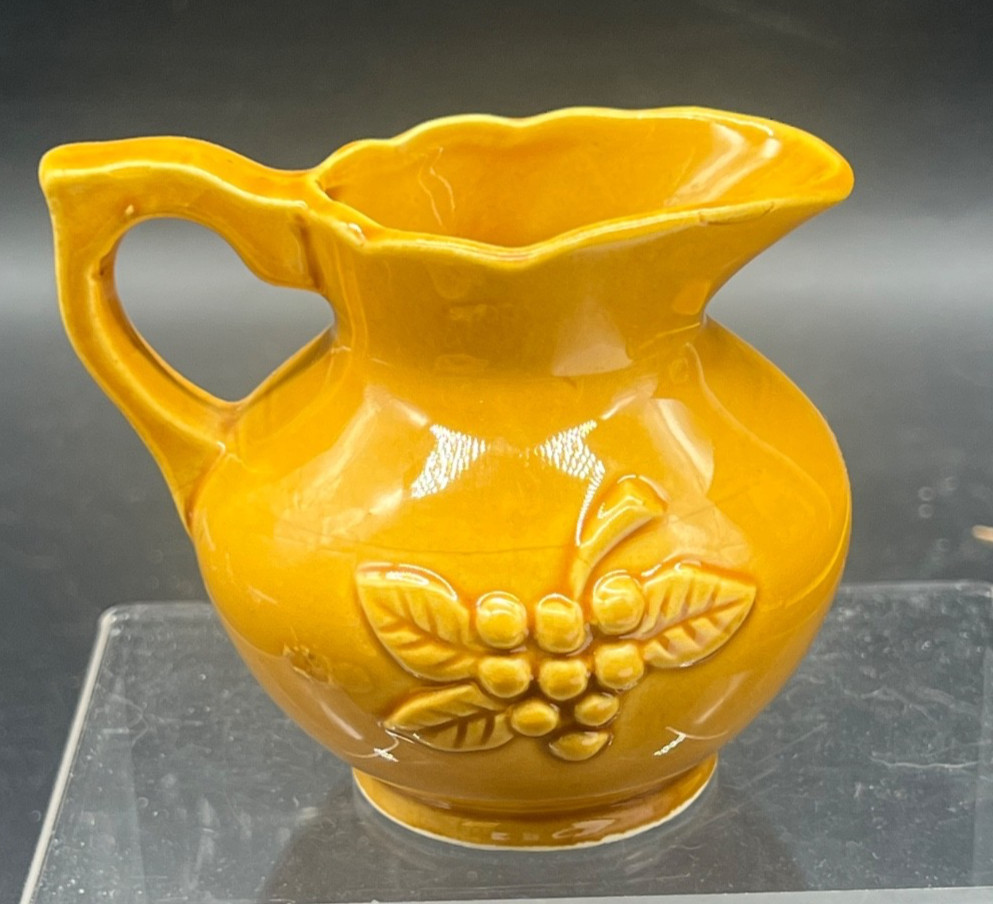 Mini Yellow Glazed Pottery Creamer Pitcher Saucer Strasburg PA Railroad Souvenir