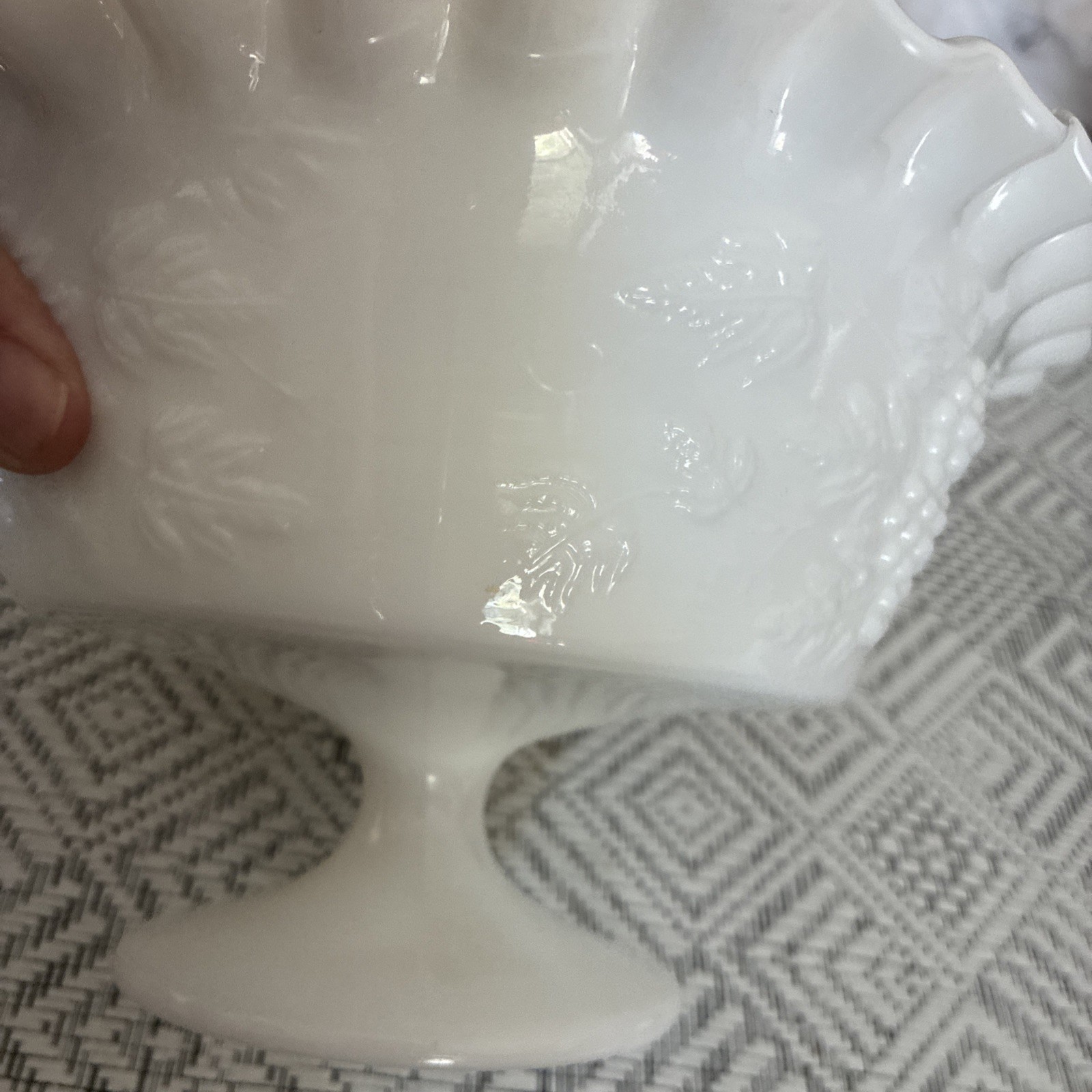Ruffled Edge Milk glass Pedestal Fruit Bowl 8”