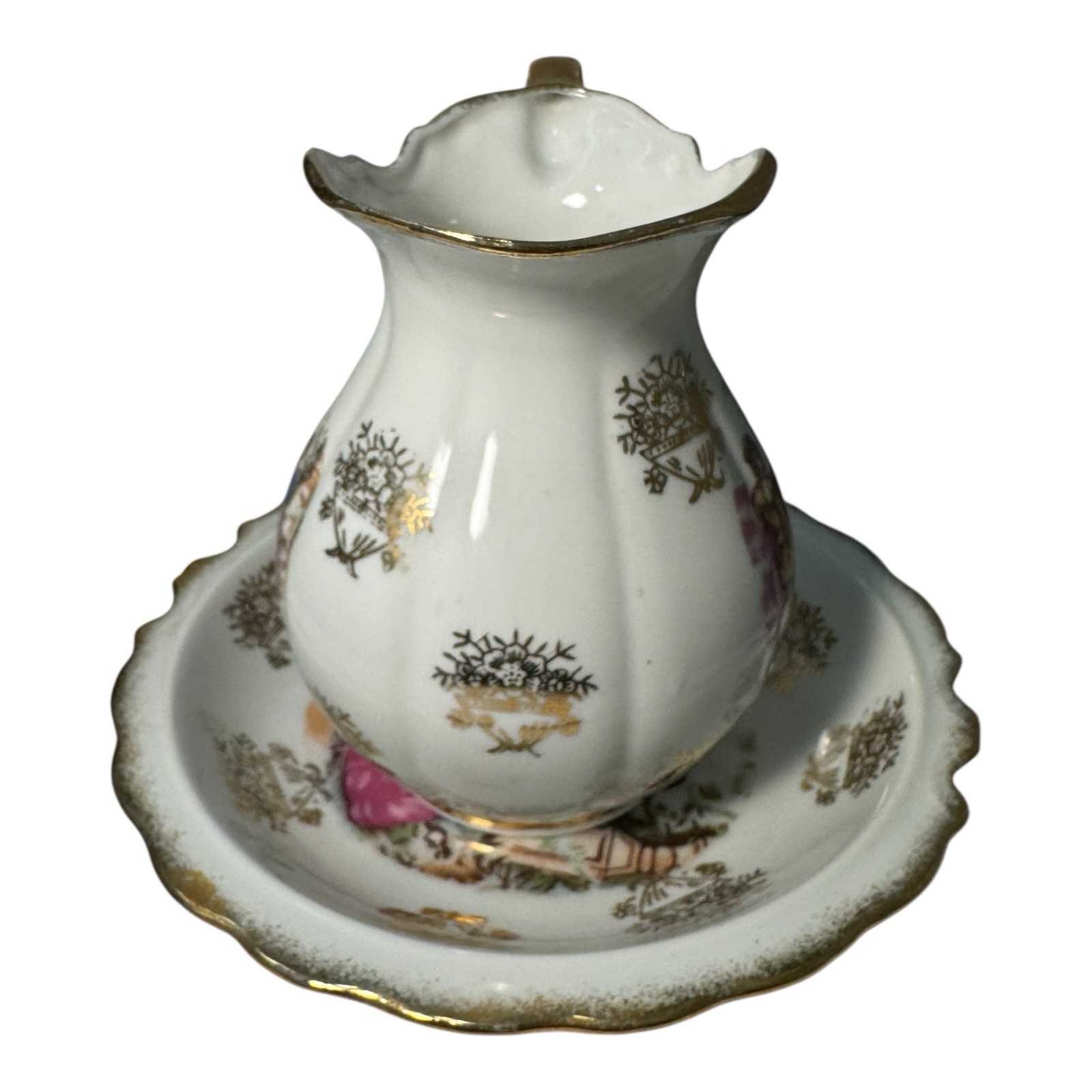 Vintage Japan Creamer and Saucer Courting Couple Victorian Scene Gold Gilt