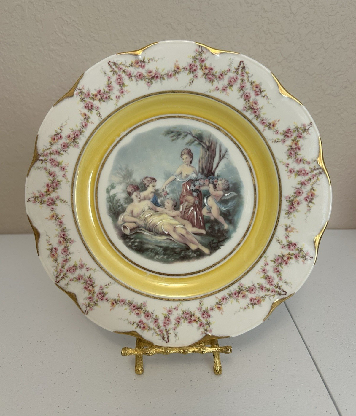 Porcelain Decorative Plate Floral Border Yellow Rim Cherubs & Women Scene