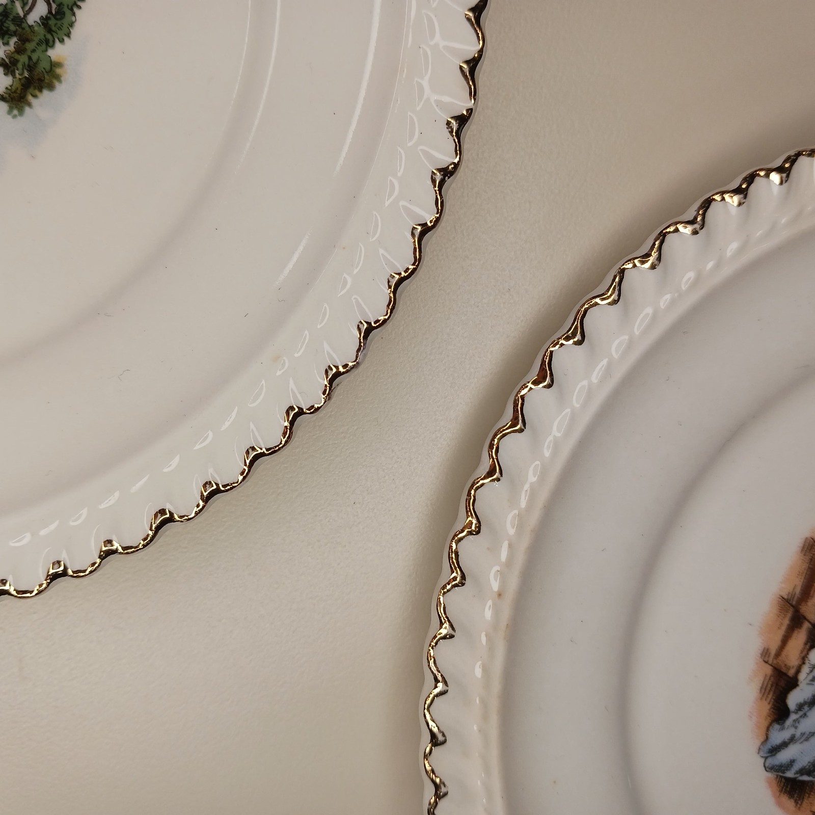 Vintage Harker Pottery Set of 3 Plate 6 1/4” 22 KT. Gold Colonial Couple White