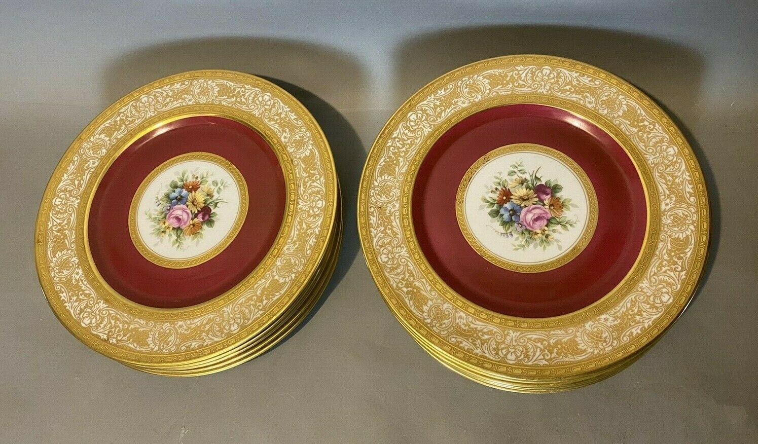 SET OF 11 SELB BAVARIA HEINRICH GILT ENCRUSETED FLORAL DECORATED DINNER PLATES