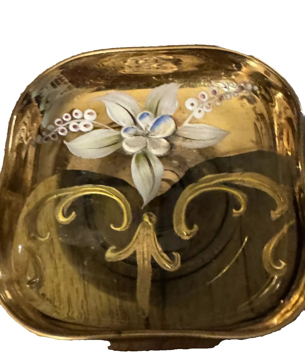 VTG enamel Trinket Dish Gold Gilt Glass Hand PAINTED Green Flowers 3×3 Inches