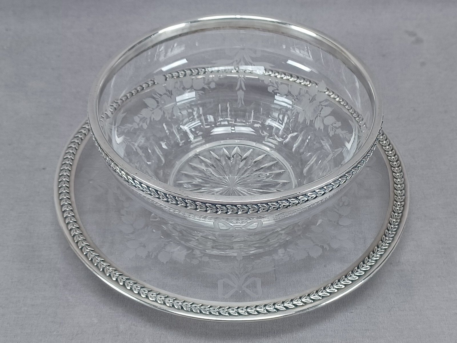 Emile Langlois Paris Engraved Rose Bows Glass Silver Rimmed Bowl & Under Plate