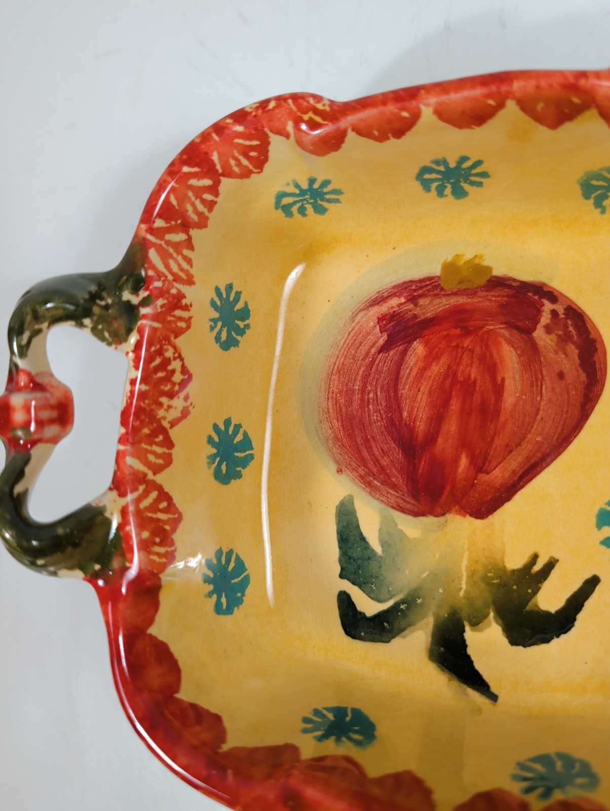Italian Hand-Painted Vegetable Motif Two-Handled Ceramic Bowl Appx 5 In+7in Oven