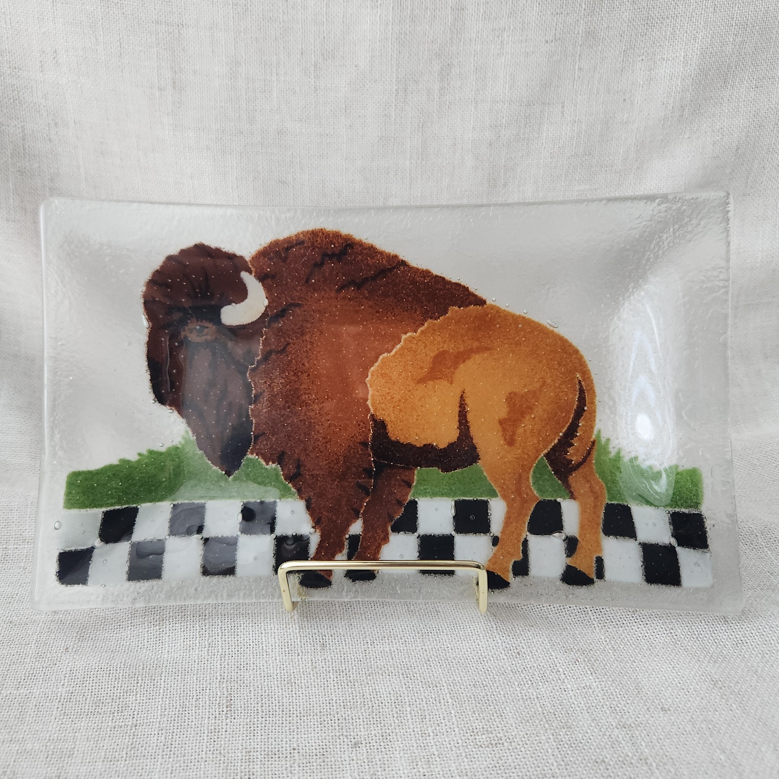 Signed Peggy Karr Fused Art Glass Buffalo Bison Rectangular Plate Tray Western