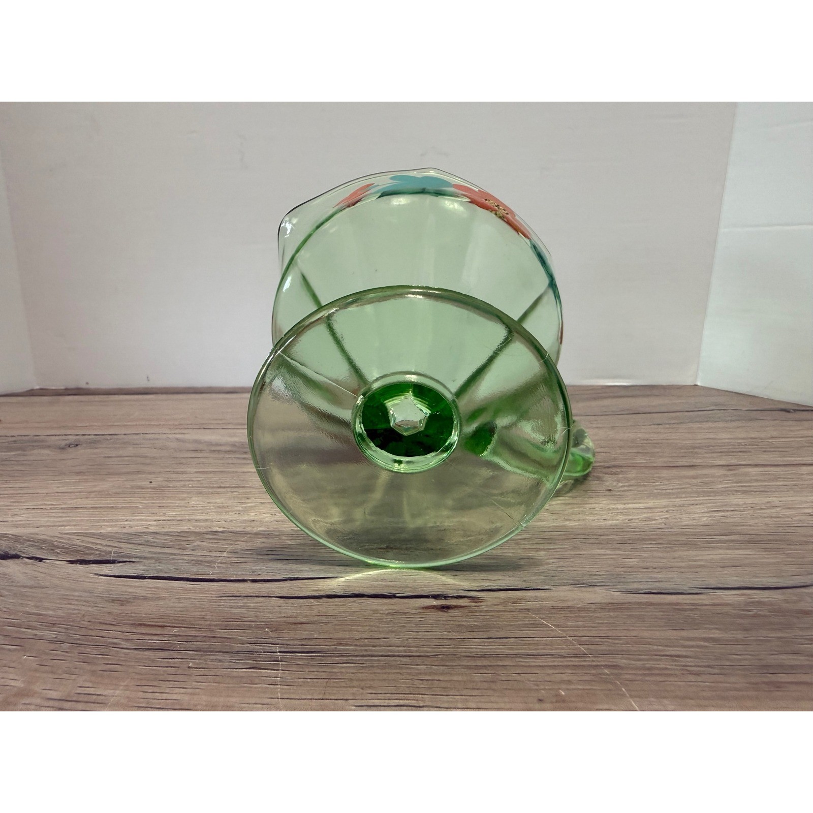 Vintage Green Glass Creamer Pitcher Hand Painted Floral Scalloped Footed 5in