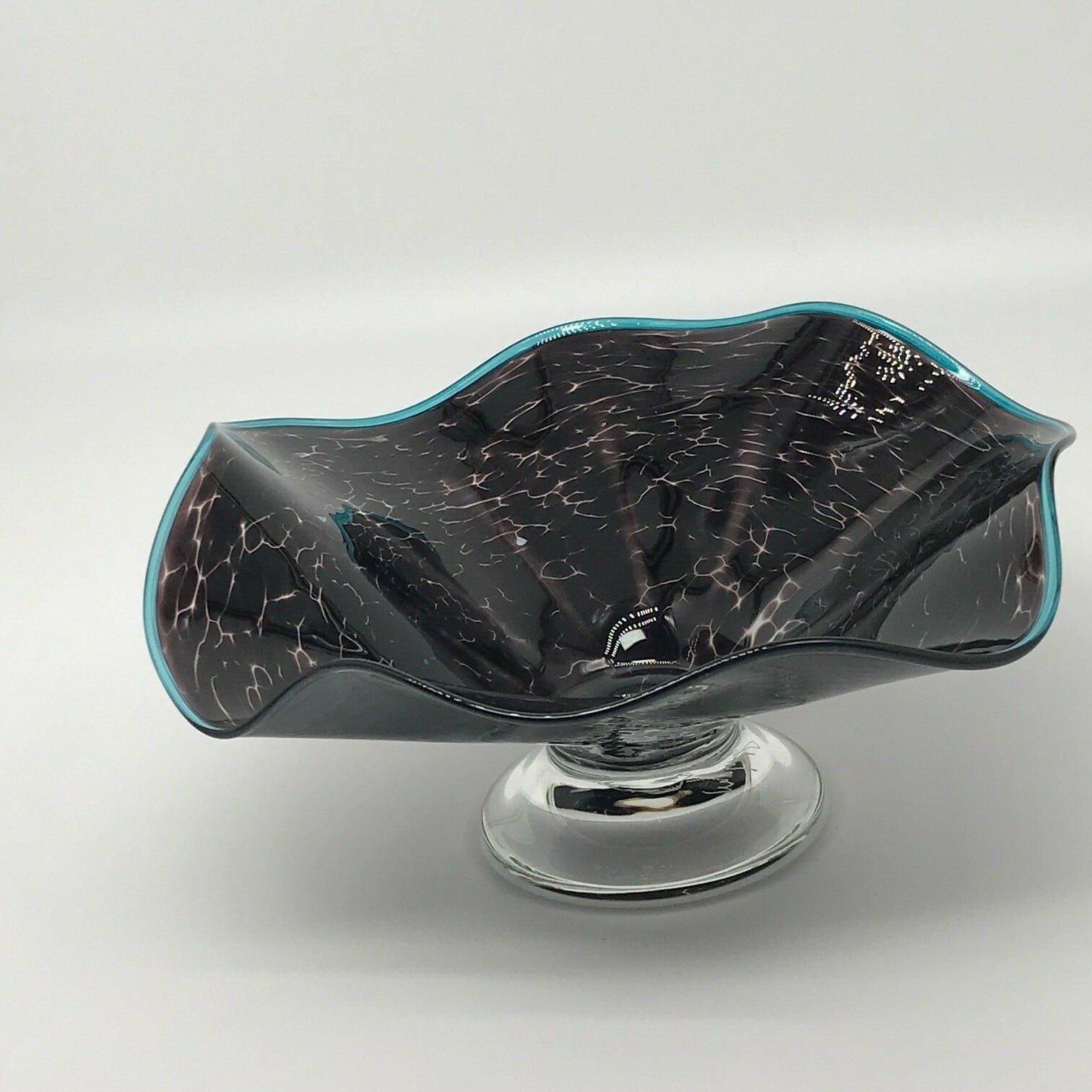 purple glass pedestal stemmed bowl candy dish Handmade Signed Hand blown