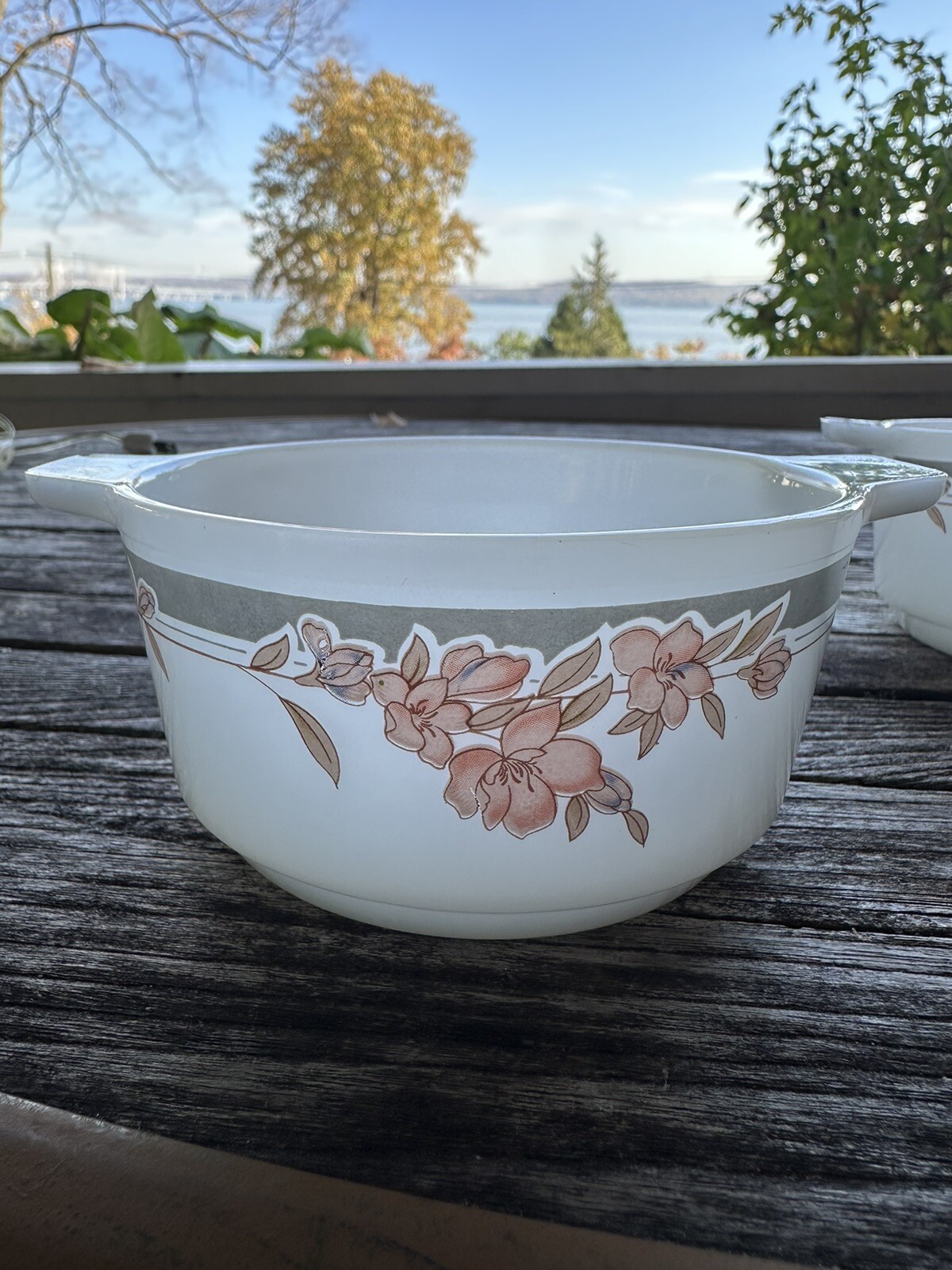 2 Vintage INDOPAL White Milk Glass Bowls Pink Cherry Blossom Floral