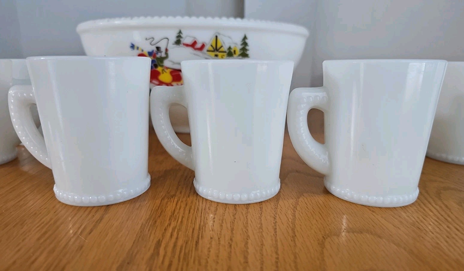 Vintage Tom & Jerry Milk Glass Beaded Punch Bowl & 11 Cups Sleigh Horses
