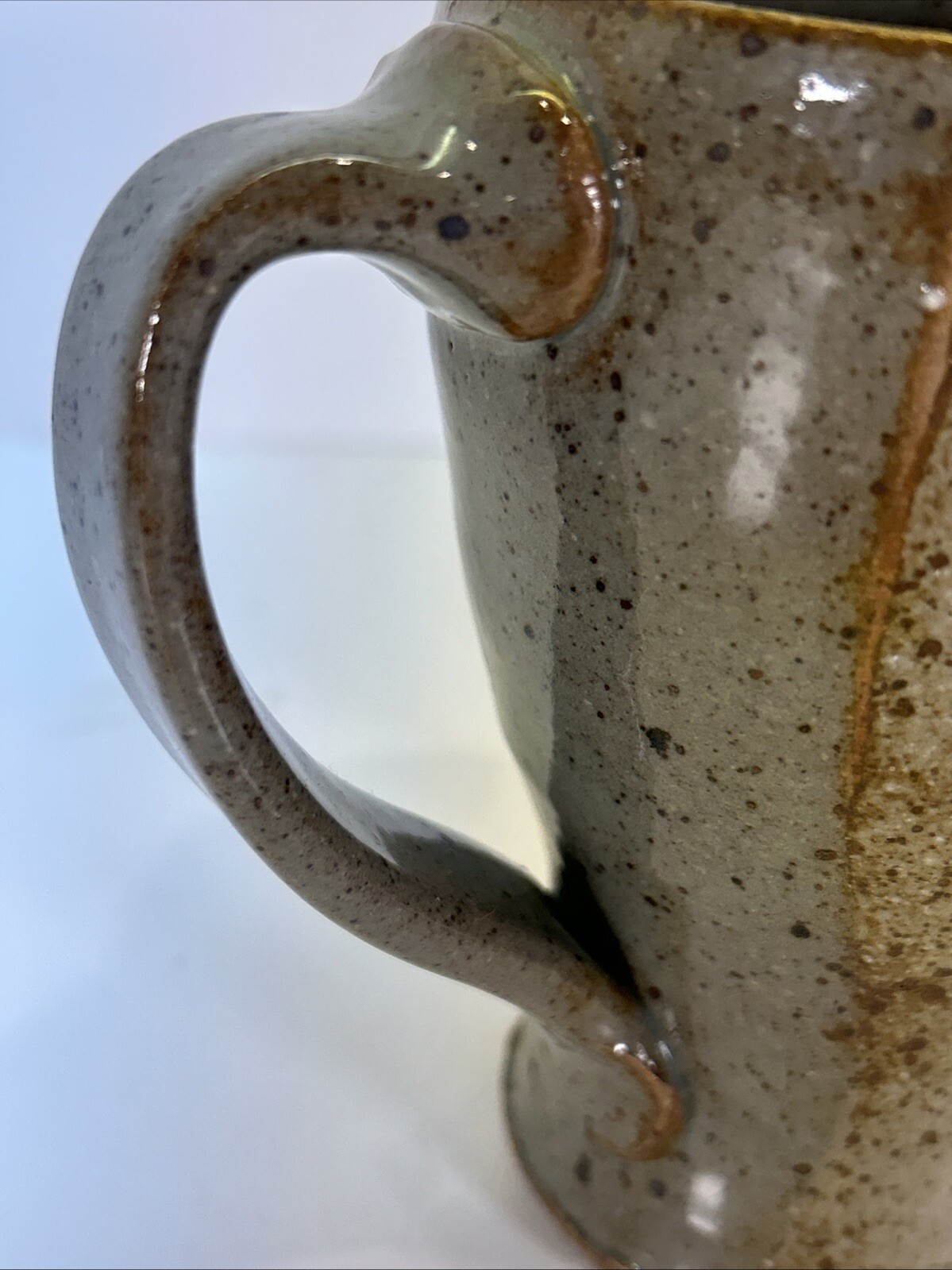 Studio Art Pottery Mug Gray Beige Blue Spotted Signed SRF 5”