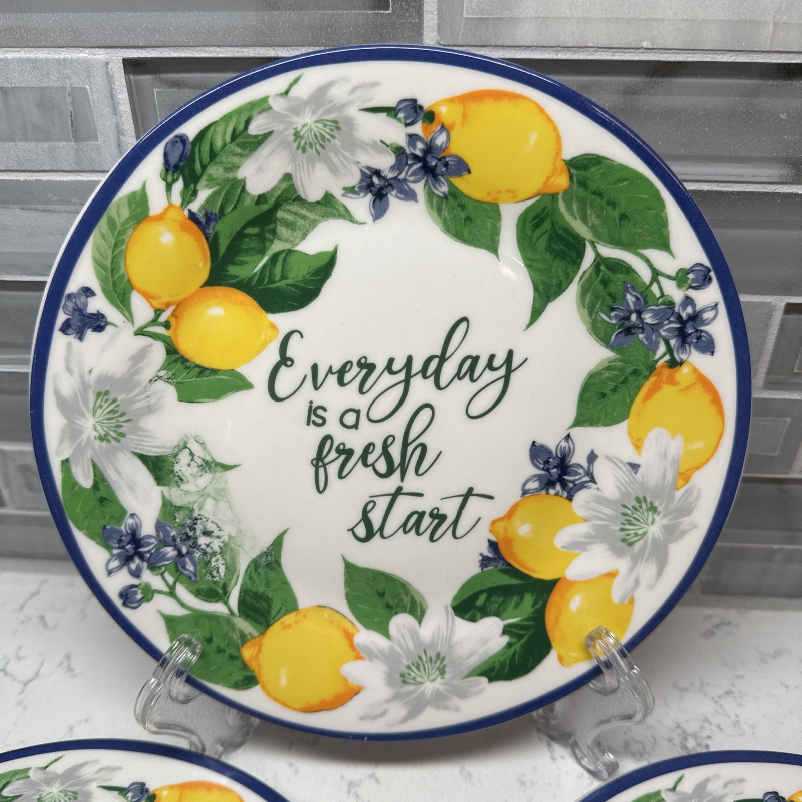 Royal Norfolk~Lemon Floral 7.25” Plates “Everyday is a Fresh Start” Set of 4 NEW