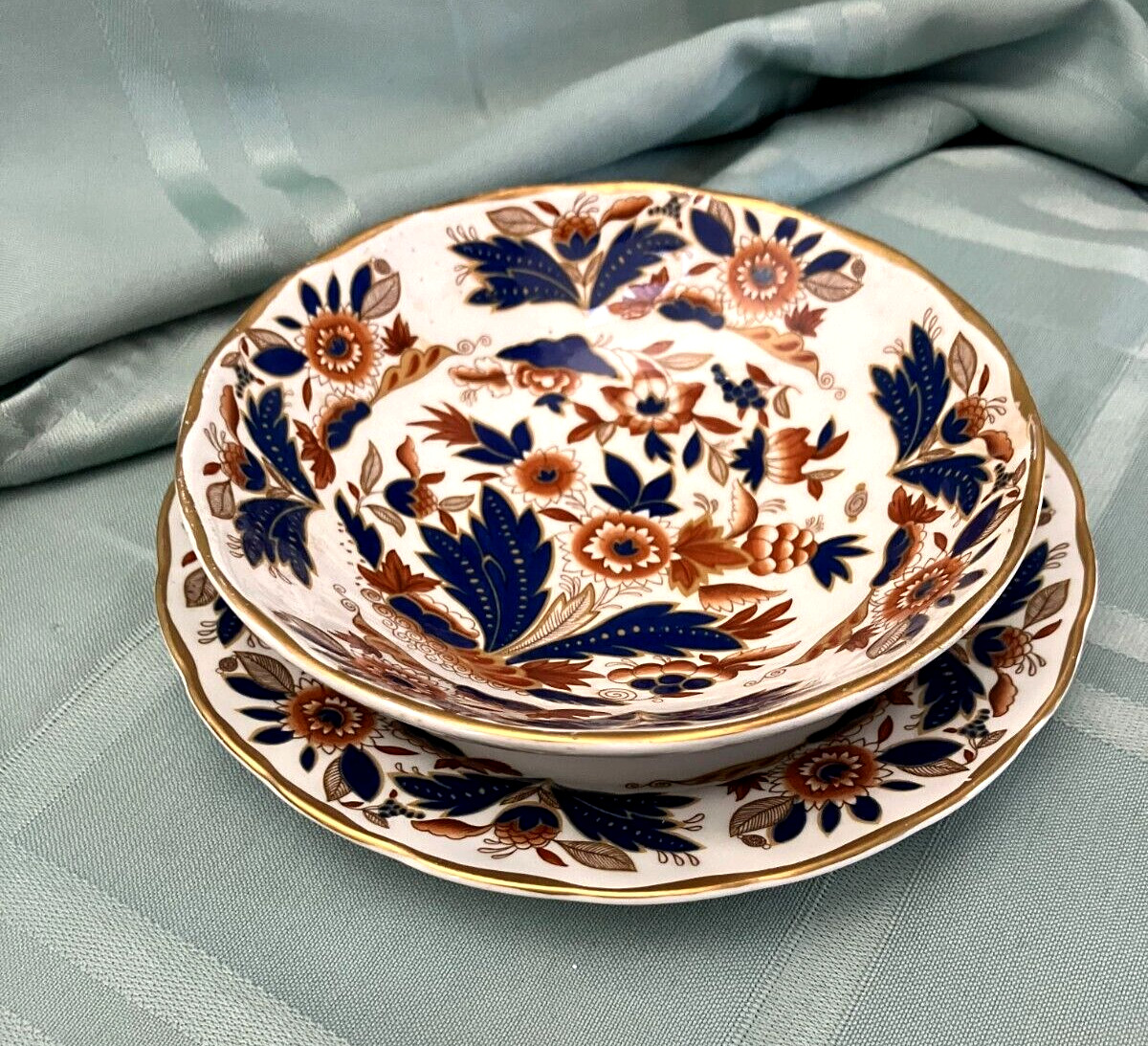 Booths Dovedale Rust & Blue Fruit/Dessert Bowl & Bread/Dessert Plate Gold Edge