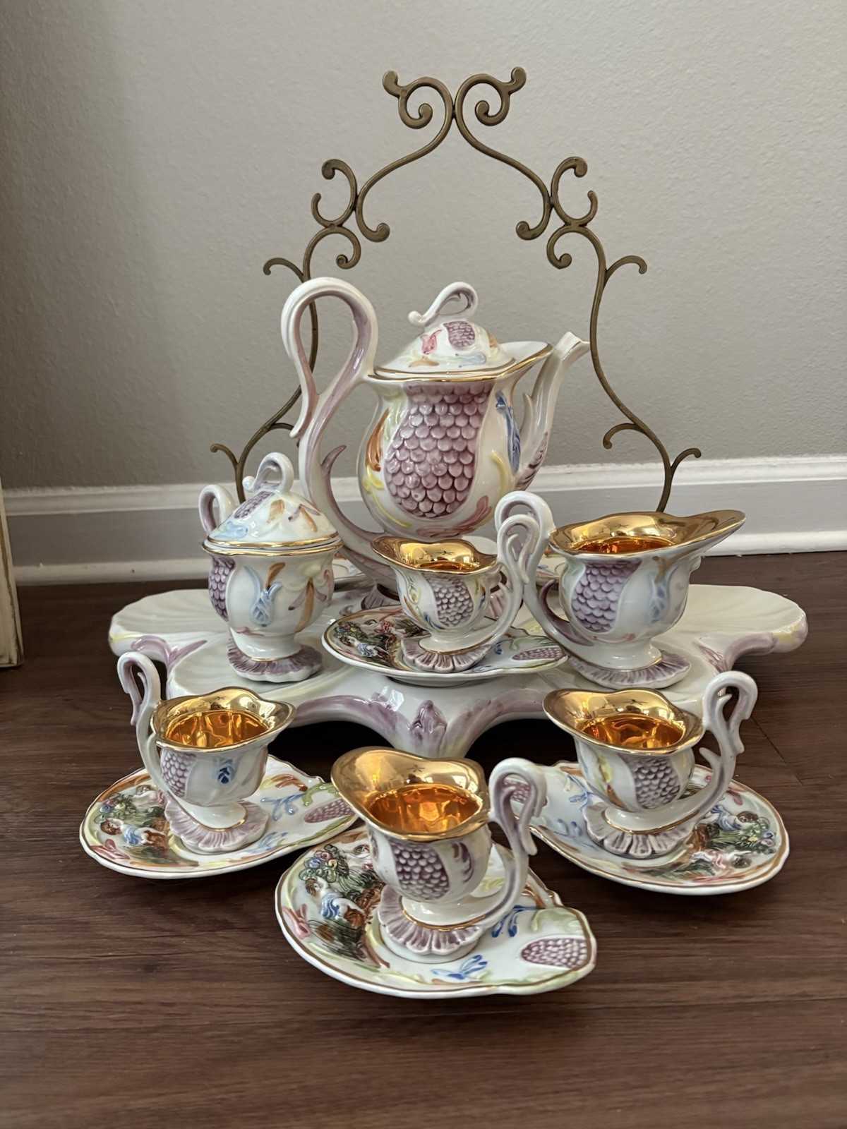 Vintage capodimonte 14 Piece Espresso Or Tea Serving Set On Stand Made In Italy