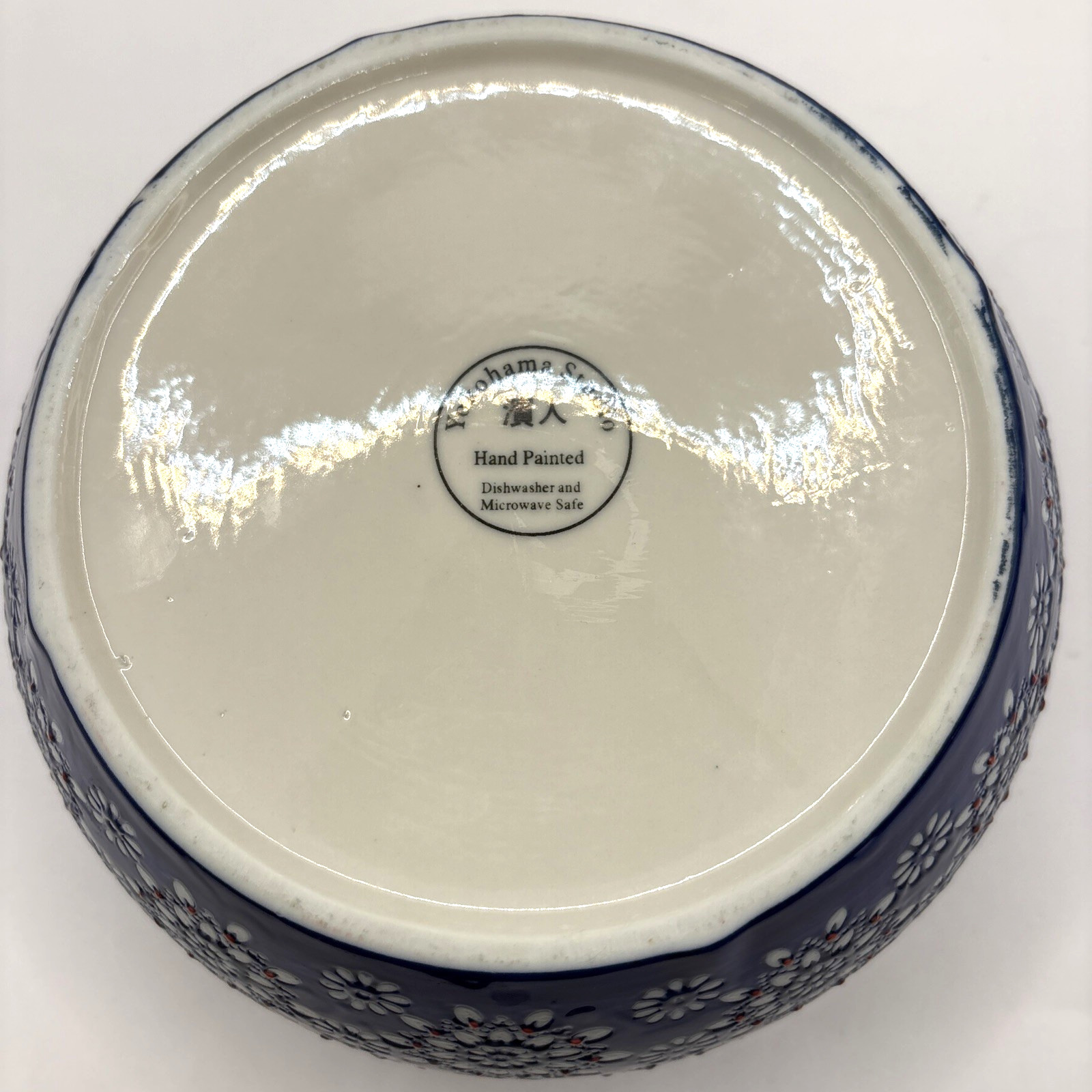 VTG Yokohama Studio Blue White Red Floral Hand Painted Ceramic Bowl 7″ x 3″