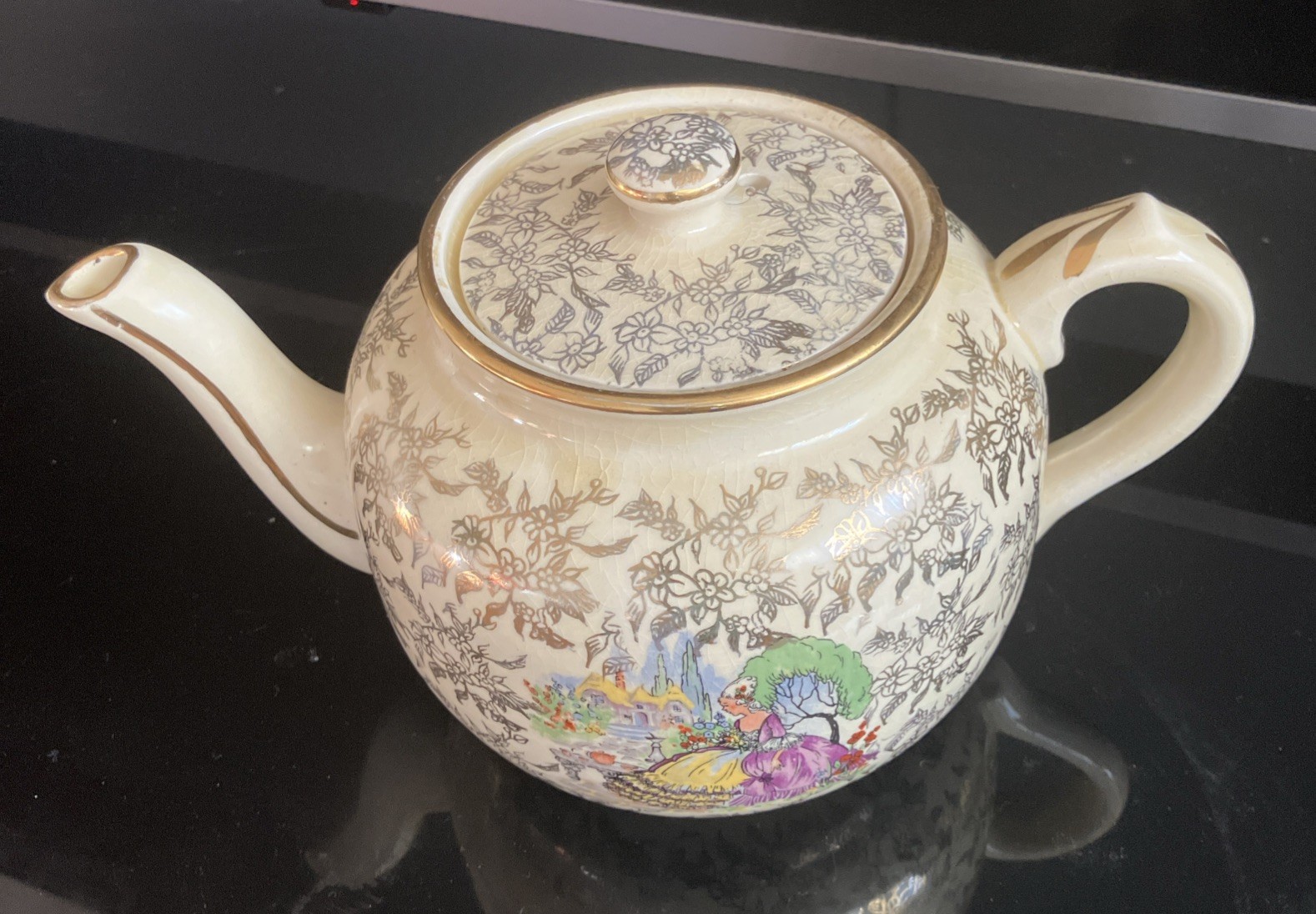 VTG. SADLER ENGLAND Porcelain Teapot Victorian Lady Floral Gold Gilt Trim