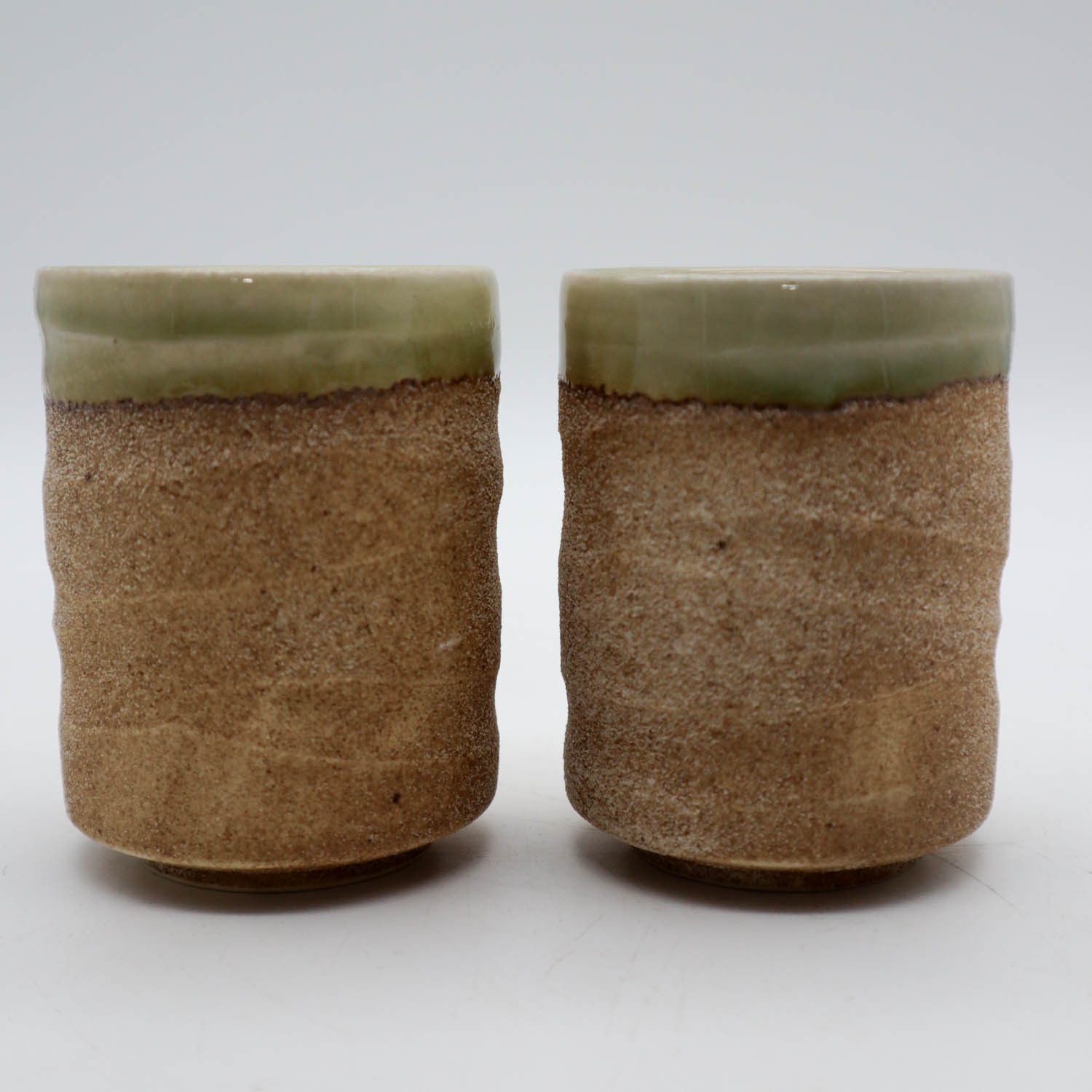 2 Mino Ware Japanese Pottery Yunomi Tea Cups Japan Jade Green & Sand Glaze