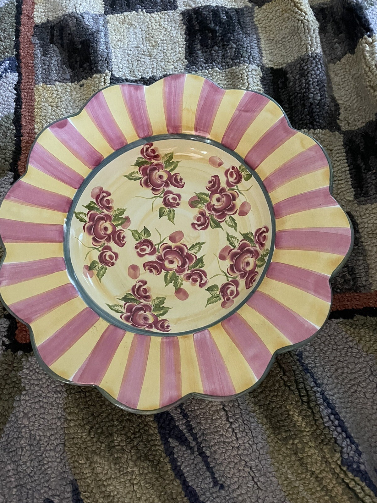 Mckenzie childs sunnyside bowl Pink Yellow Stripe Flower Ceramic Pottery Rare