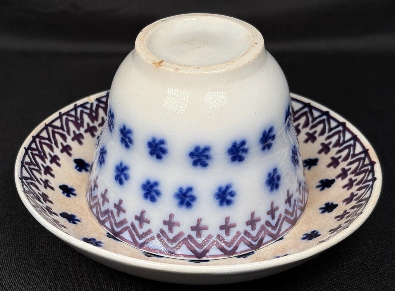 Antique Staffordshire Flow Blue Amish Snowflake Handleless Cup Saucer c1840