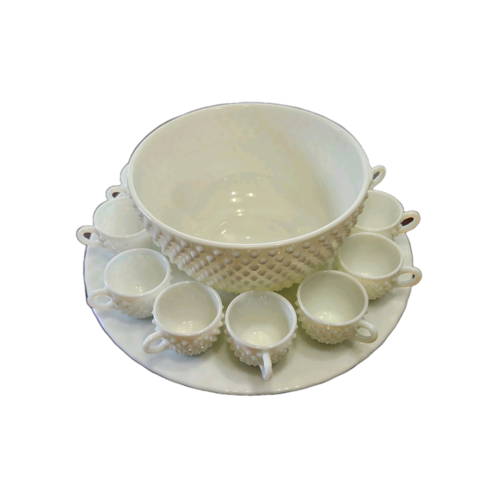 Vintage Fenton Hobnail Milk Glass Punch Bowl Set 9 Cups~