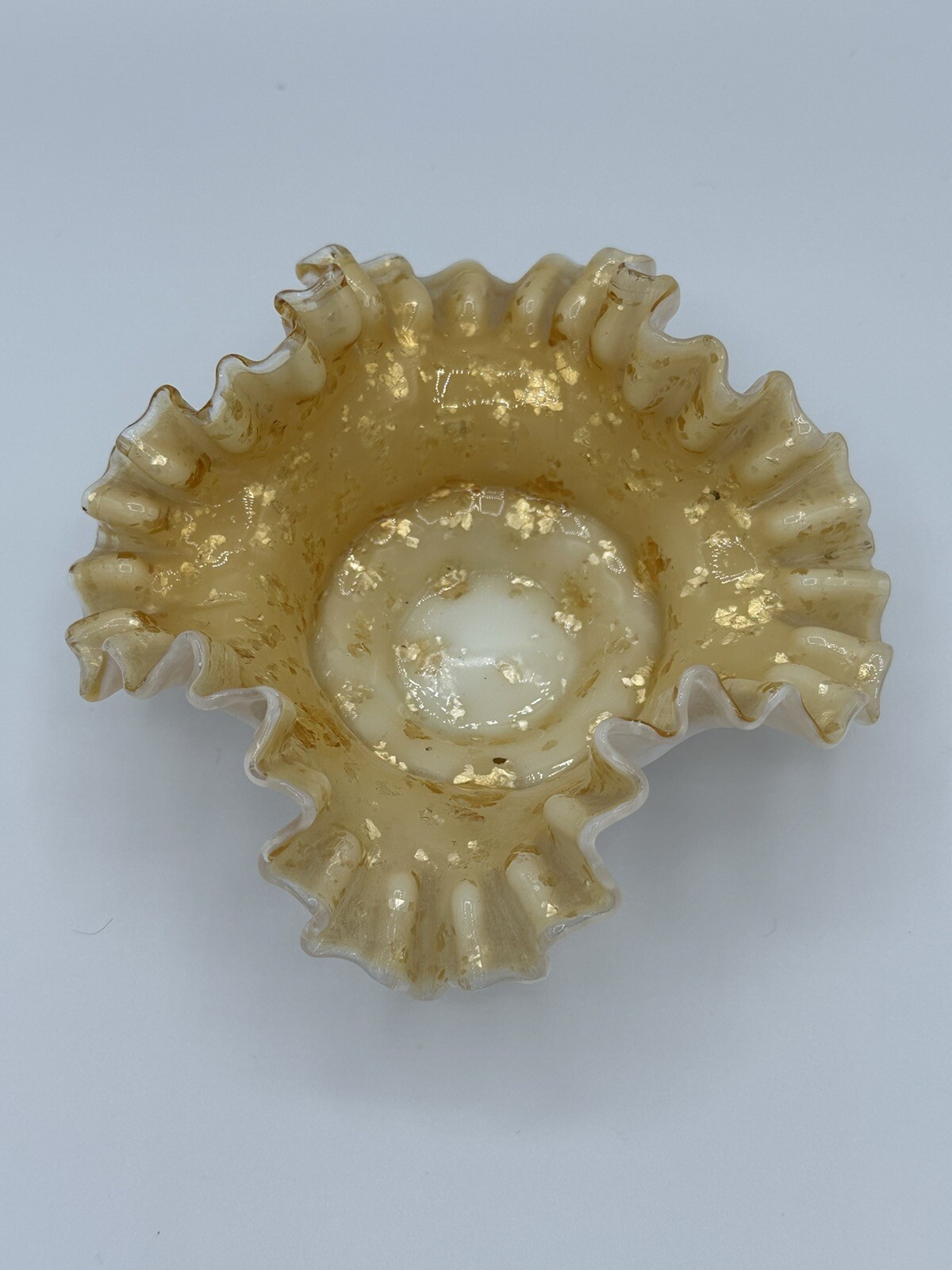 Vintage Ruffled Milk Glass Cased Dish Gold Fleck Opaline Mid Century Vanity Bowl