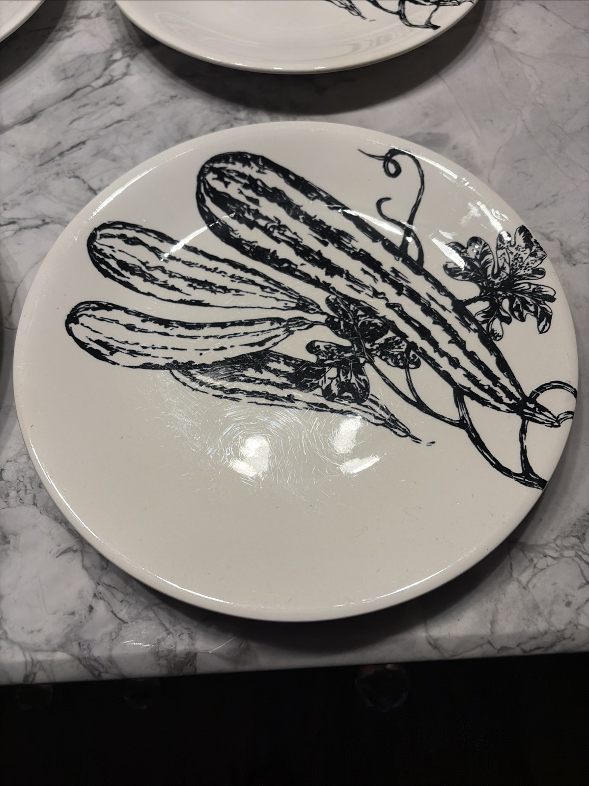 Creation Val d’Or Black & White Vegetable Botanical Plates 9.375” Diam. Set Of 6