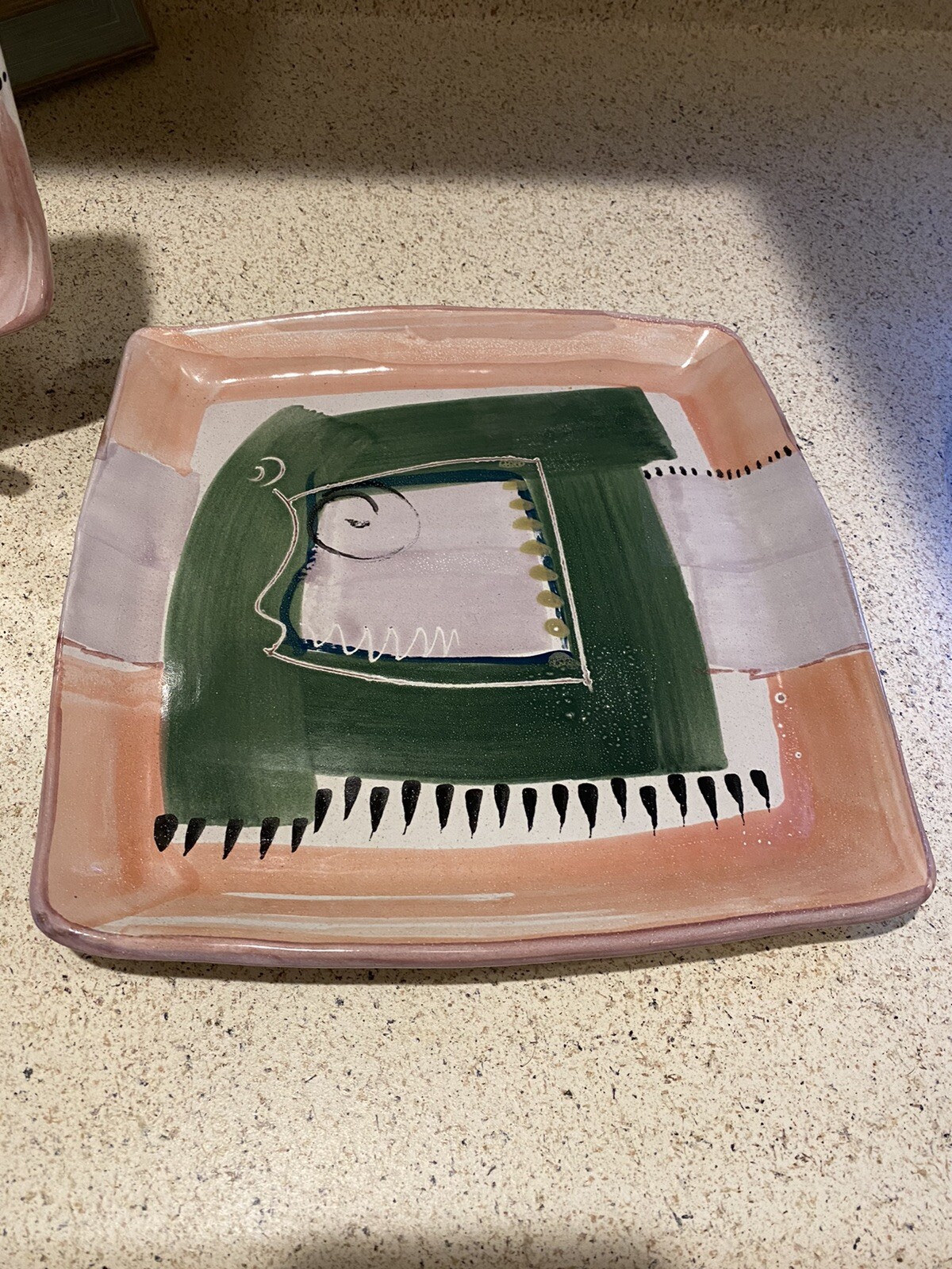 Egan Set Of Two Handmade Painted Square Art Pottery Abstract Design Plates