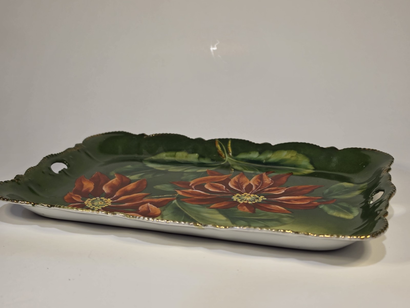 Old Bavaria Porcelain Hand Painted POINSETTIA Rectangular Vanity Tray