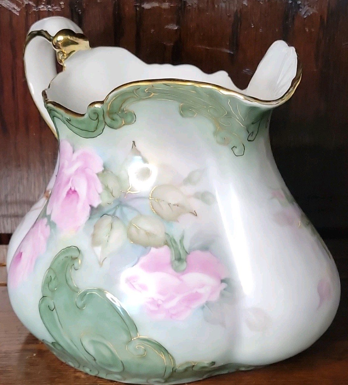Lefton Heritage Roses Porcelain Pitcher White Pink Green Gold Trim