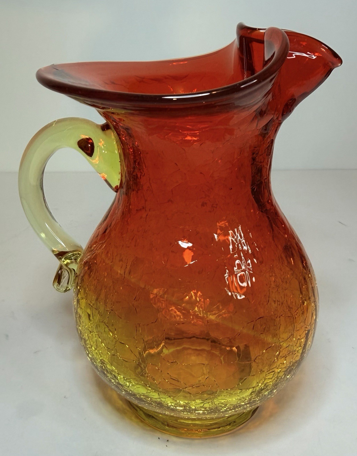 Vintage Crackle Hand Blown Art Glass Amberina Pitcher w Applied Handle 6” EB78