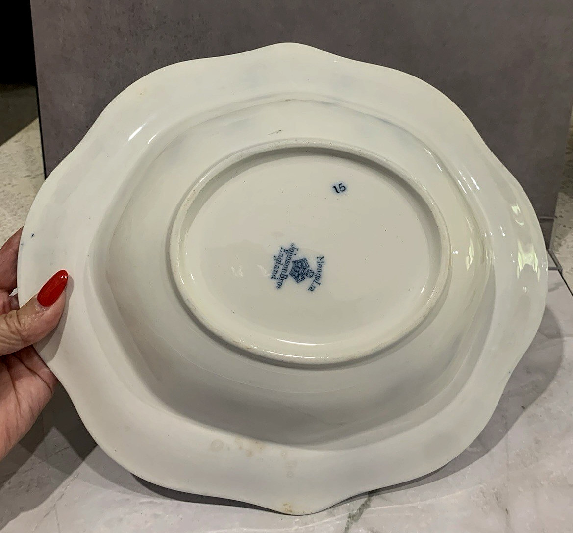 Antique Johnson Bros MONGOLIA Gray Blue Transferware Oval Covered Serving Bowl