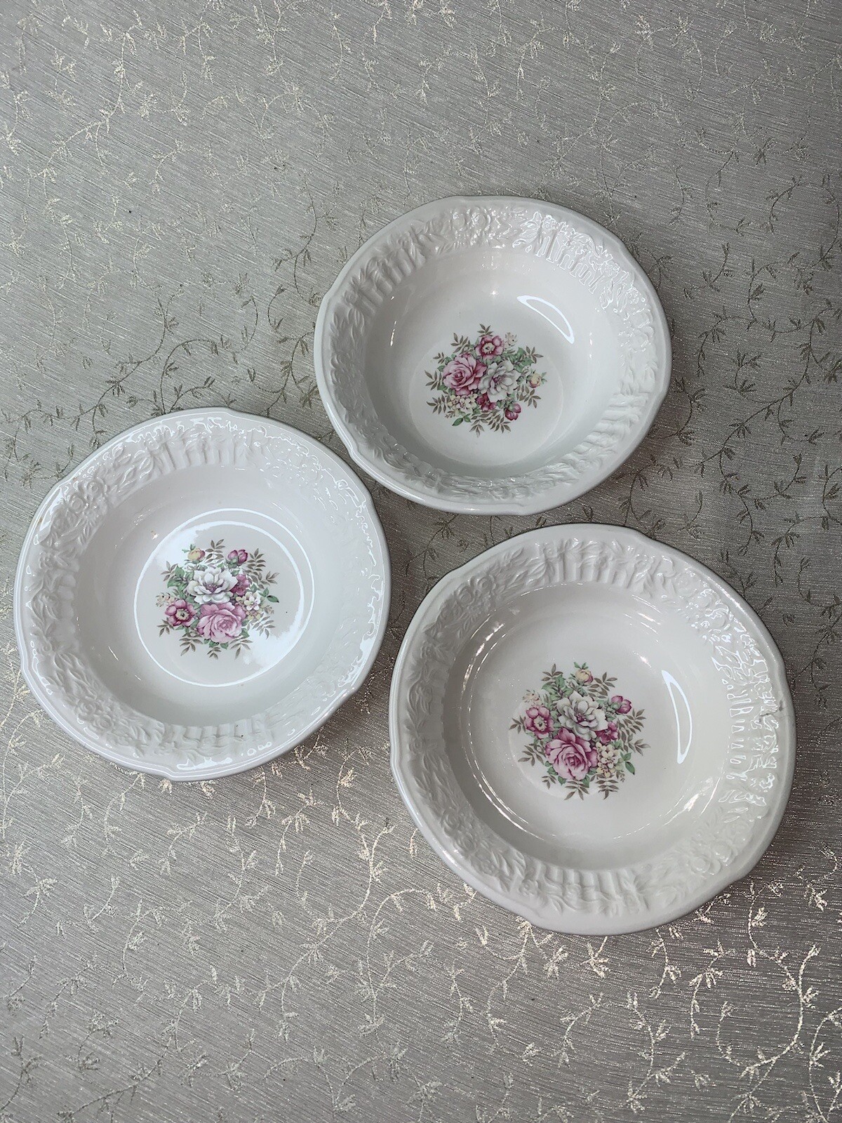 Vtg French Saxon China 6” Floral Bouquet Scalloped Embossed Edge Bowls Set Of 3