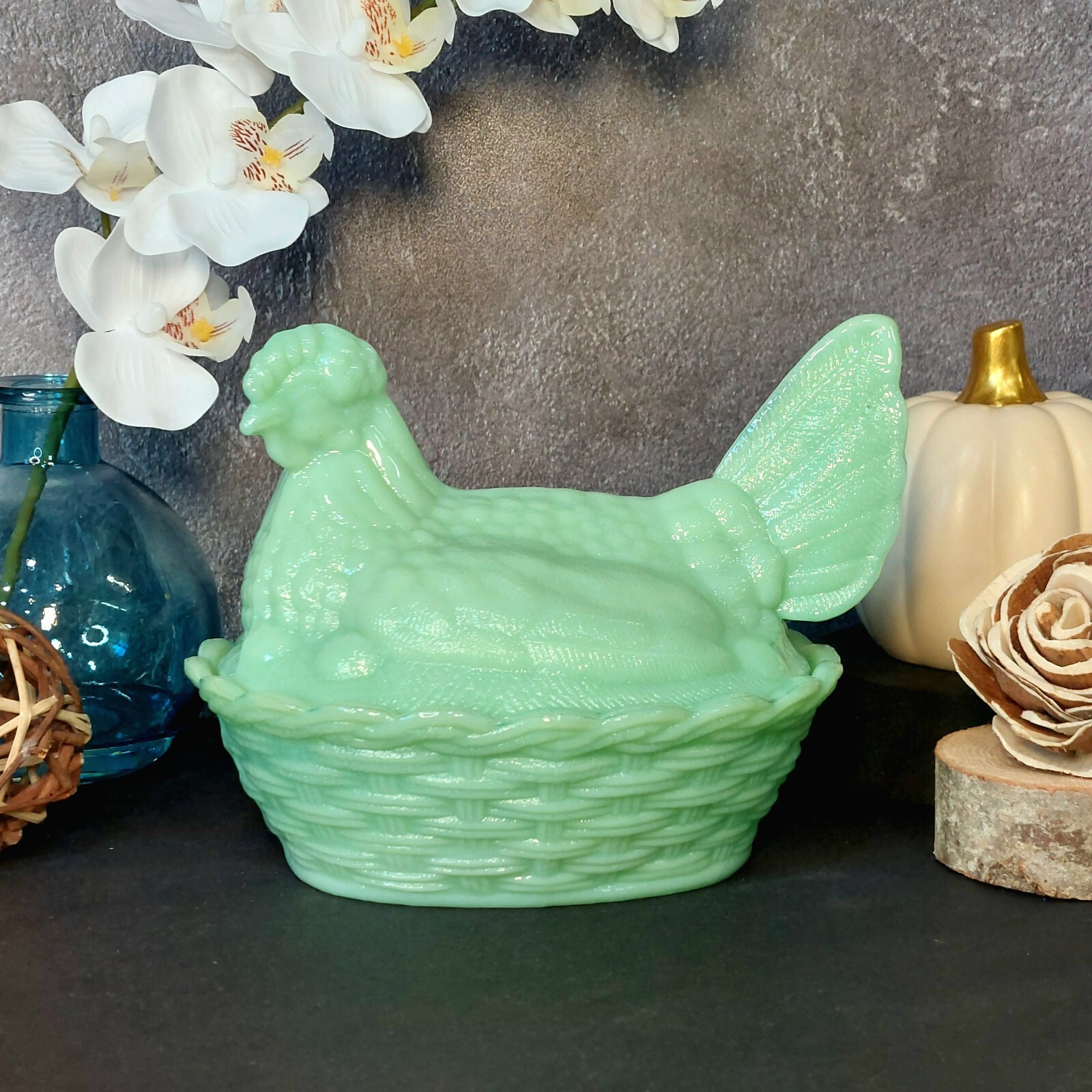 Hen on Nest Chicken Candy Dish, Green Jadeite Glass Depression Style, VTG Style