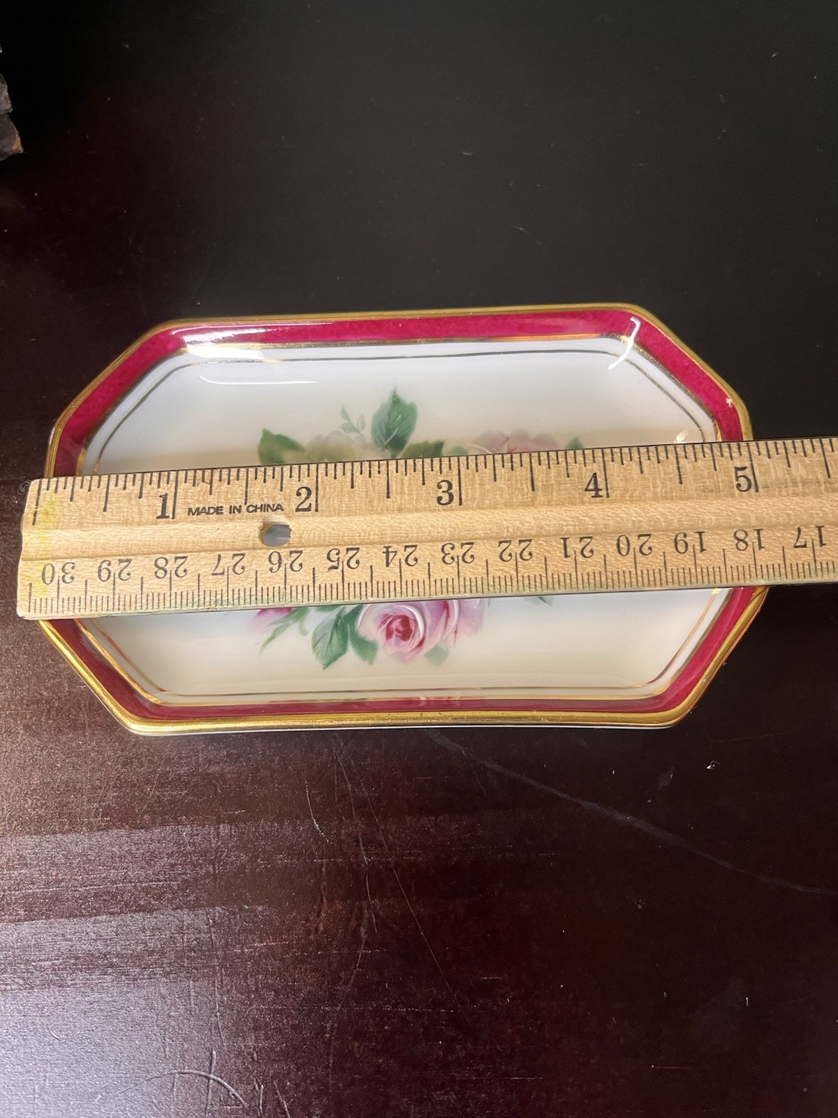La Reine Limoges France Porcelain Vanity Tray Dish Hand Painted Roses Gold Trim