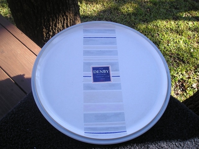 Denby Spirit Blue Tan Mauve Lines Blue Trim Light Gray Chop Plate Round Platter