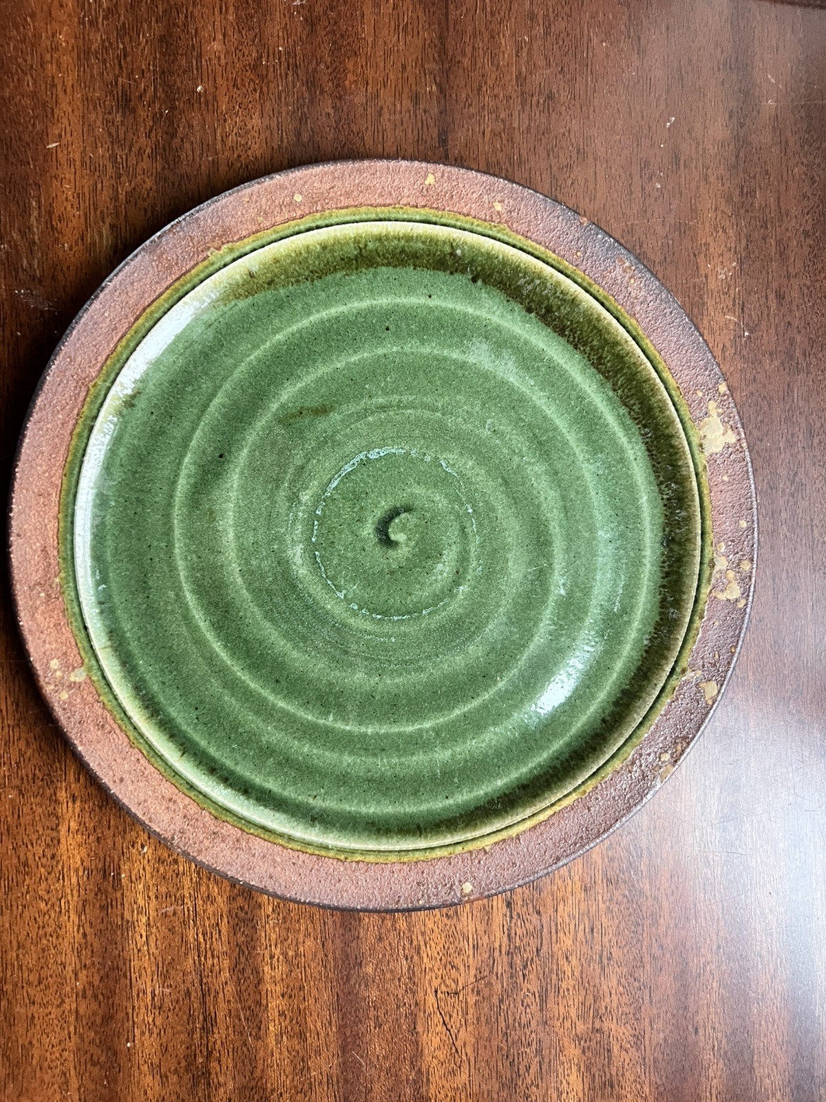 Studio Pottery Plate 11in Green Drip Glaze Signed Spiral Chop Mark