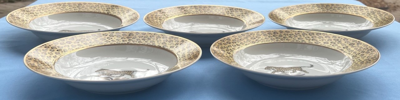 Set of FIVE Lynn Chase Amazonian Jaguar 9 1/8 Inch Flat Soup Bowls